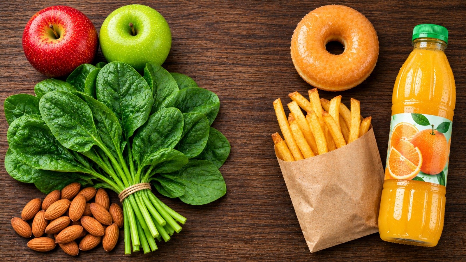 Whole fresh foods next to heavily processed packaged foods