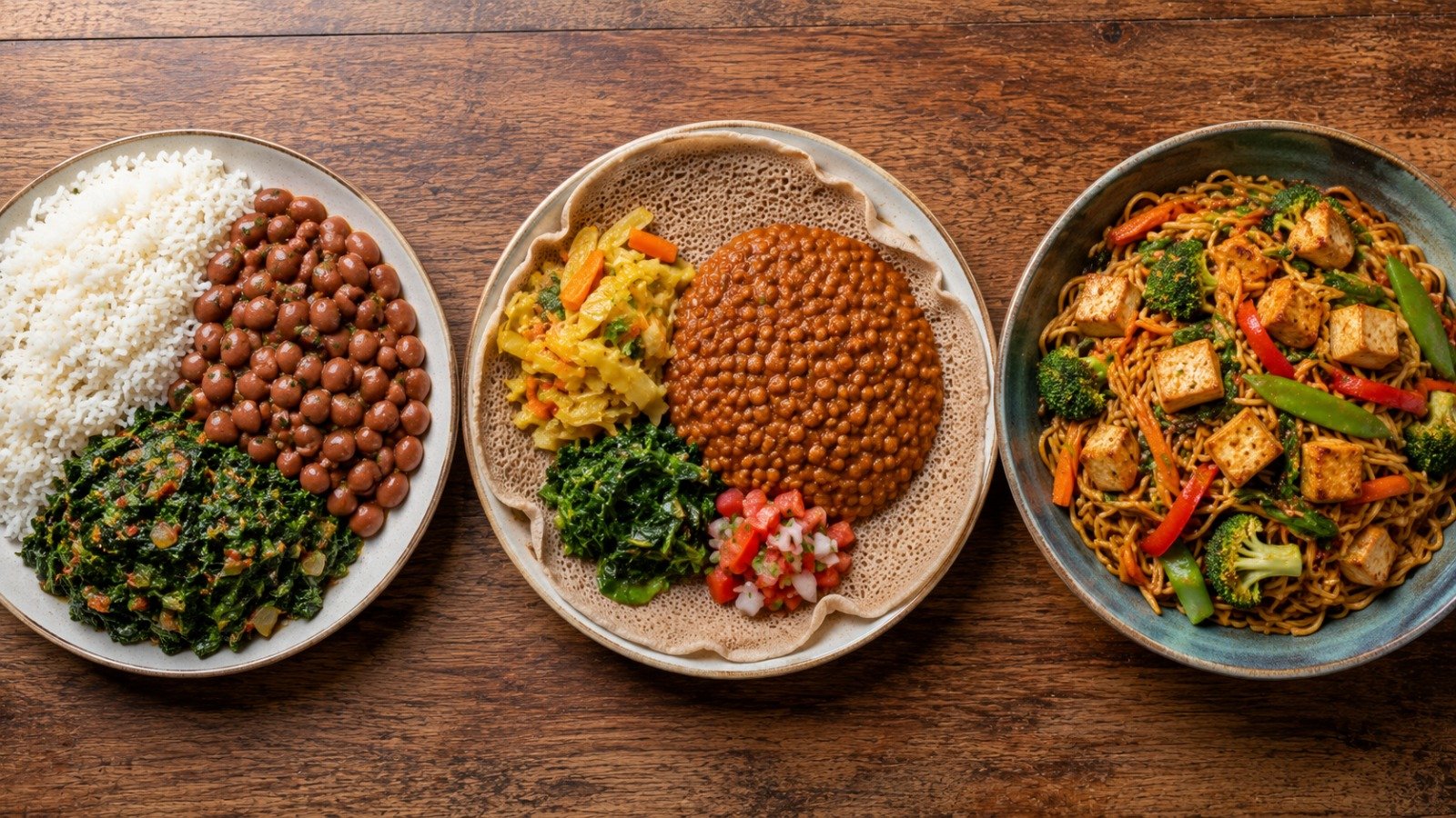 Three affordable balanced meals from different food traditions