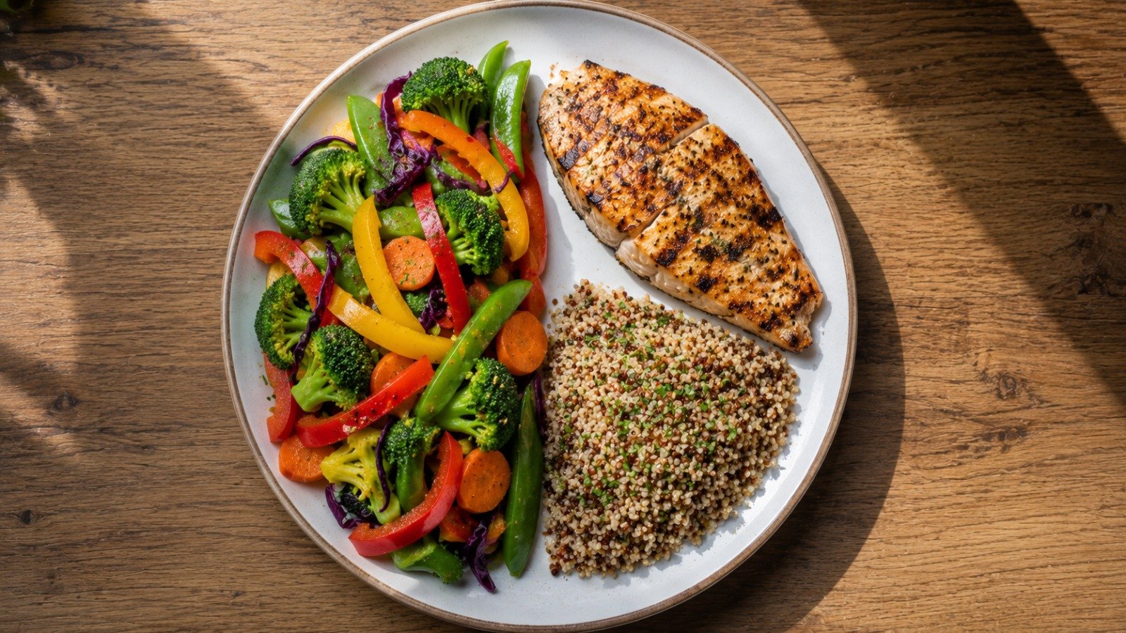 A plate divided into vegetables, grilled fish and whole grains