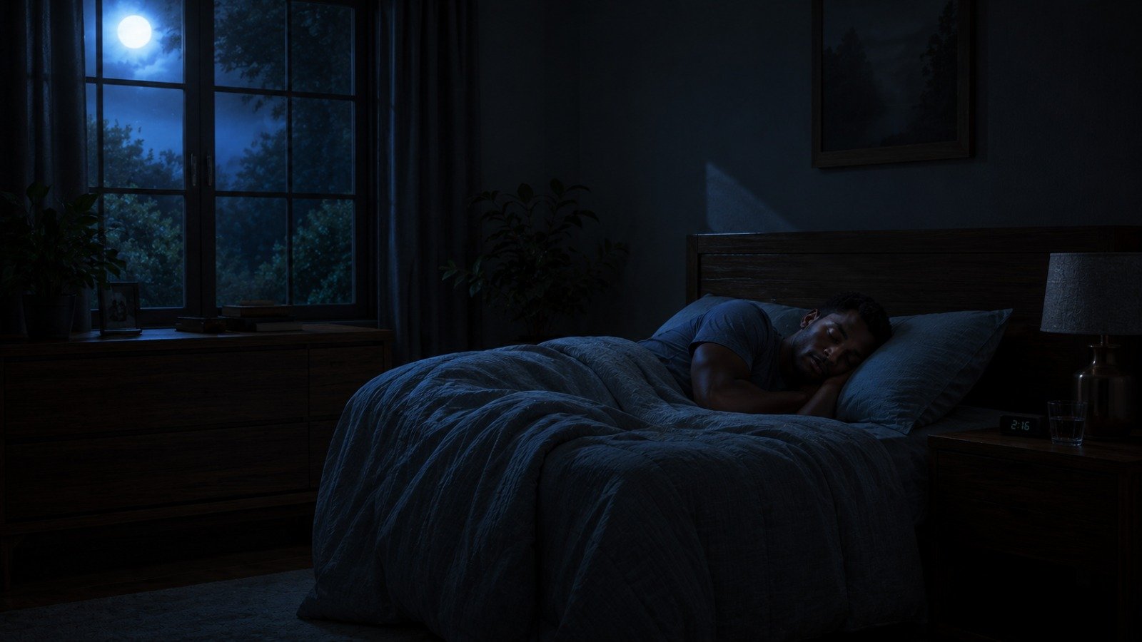 A person sleeping deeply in a dark, calm room