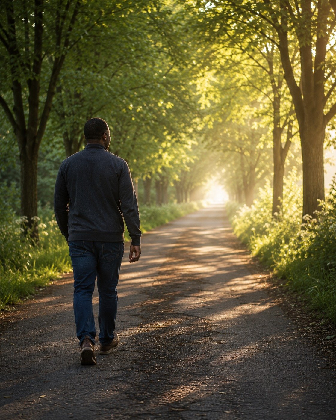 A person walking a calm morning path, beginning a health journey