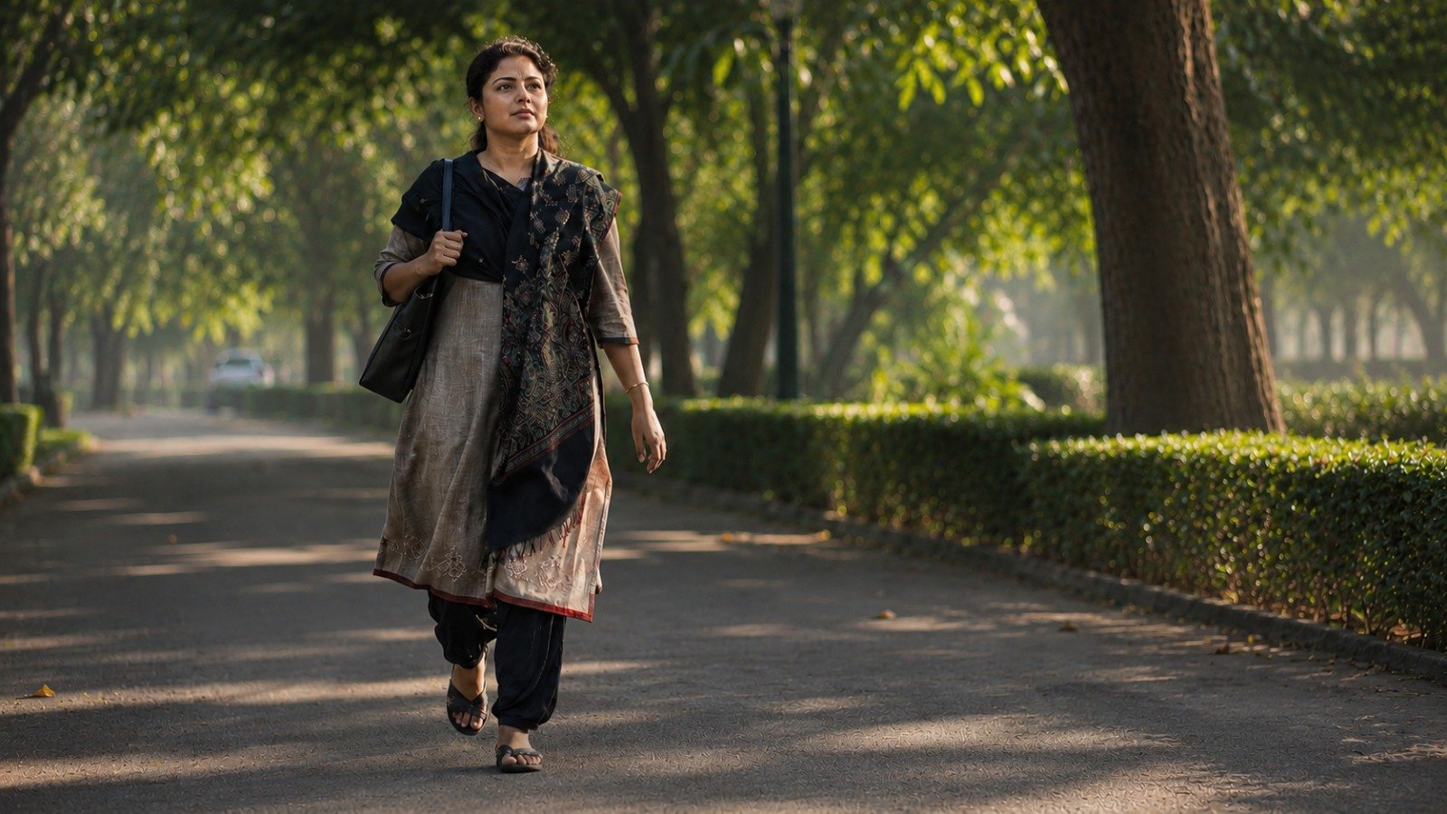 A person walking outdoors in natural light, moving their body as part of daily life