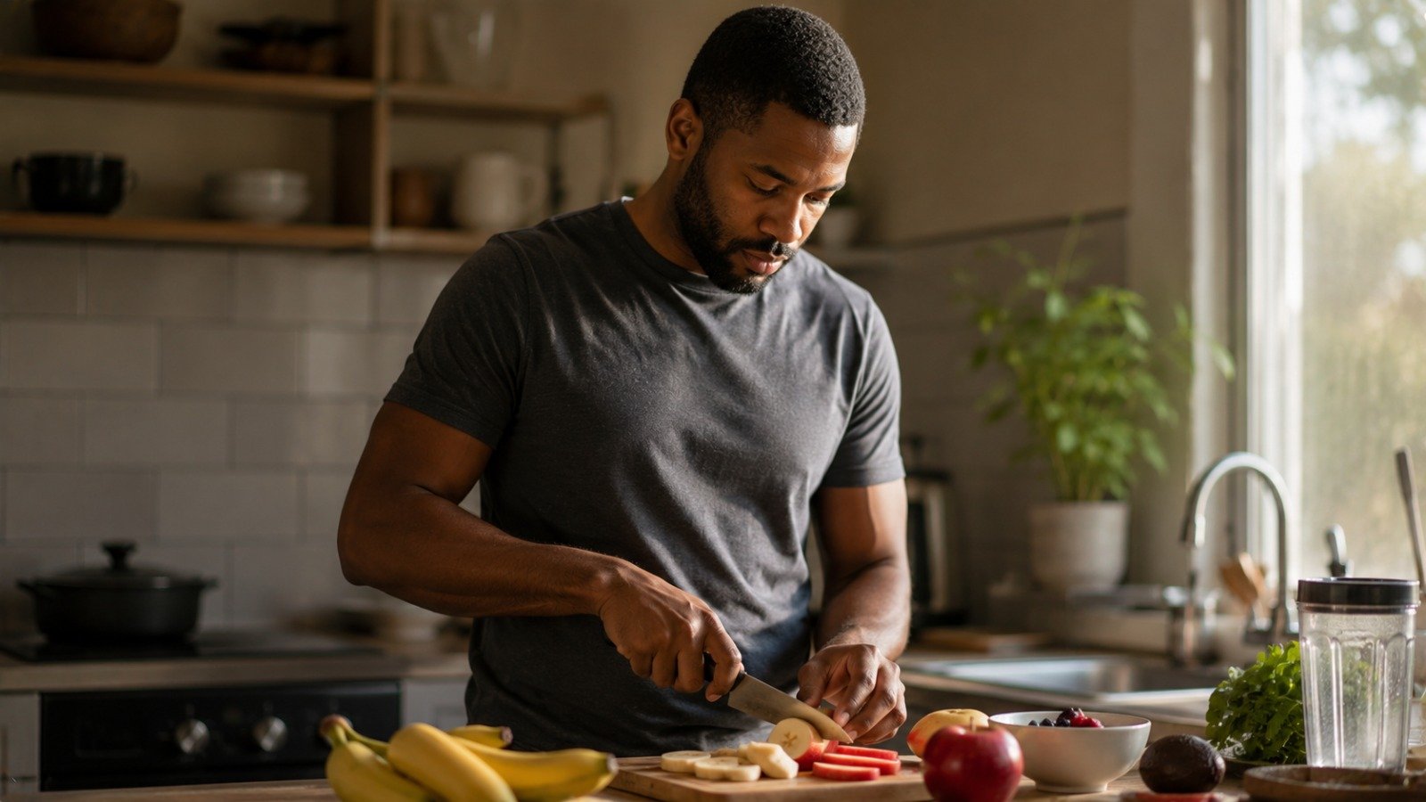 A person doing a simple everyday healthy habit, such as walking or preparing a fresh meal