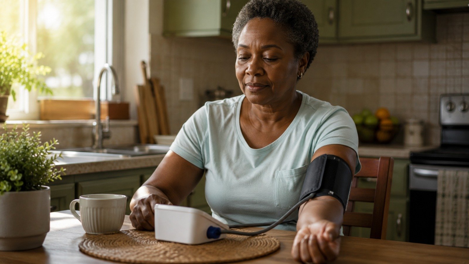 A calm routine health check such as a blood pressure reading