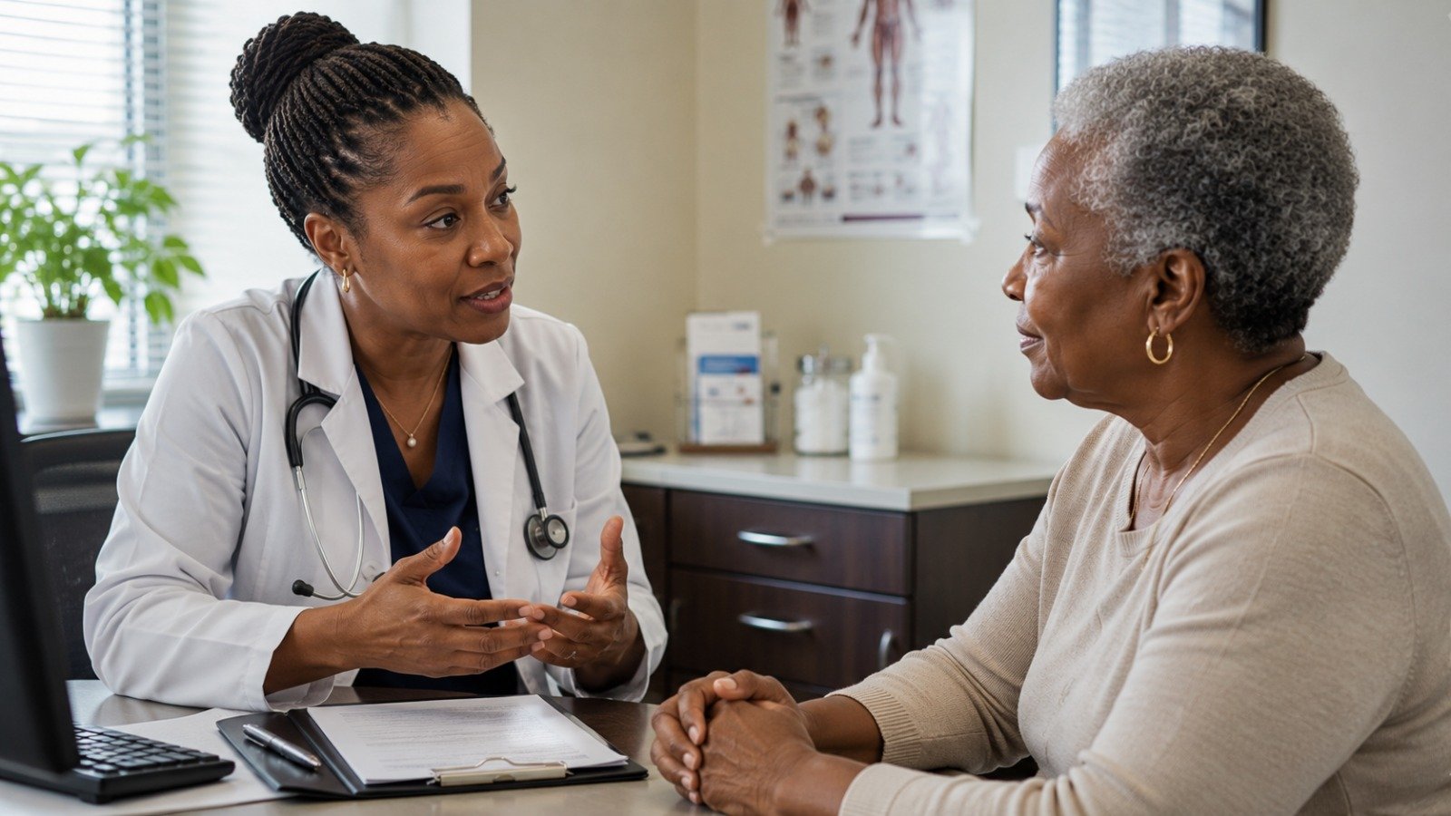 A doctor and patient talking calmly in a clinic