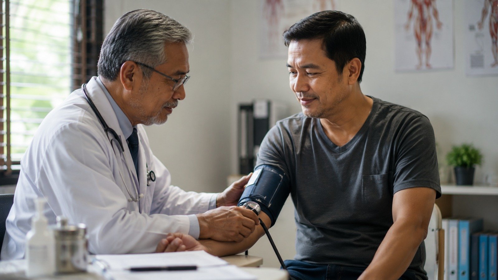 A doctor checking a healthy person's blood pressure during a routine health check