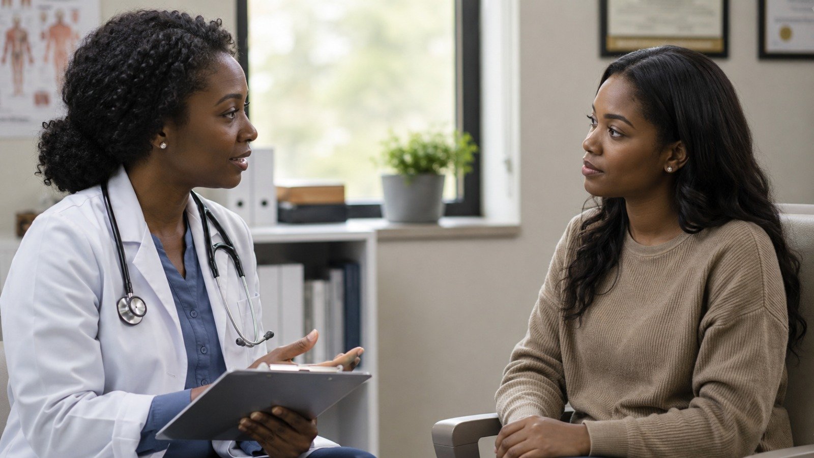 A calm, private conversation between a doctor and patient