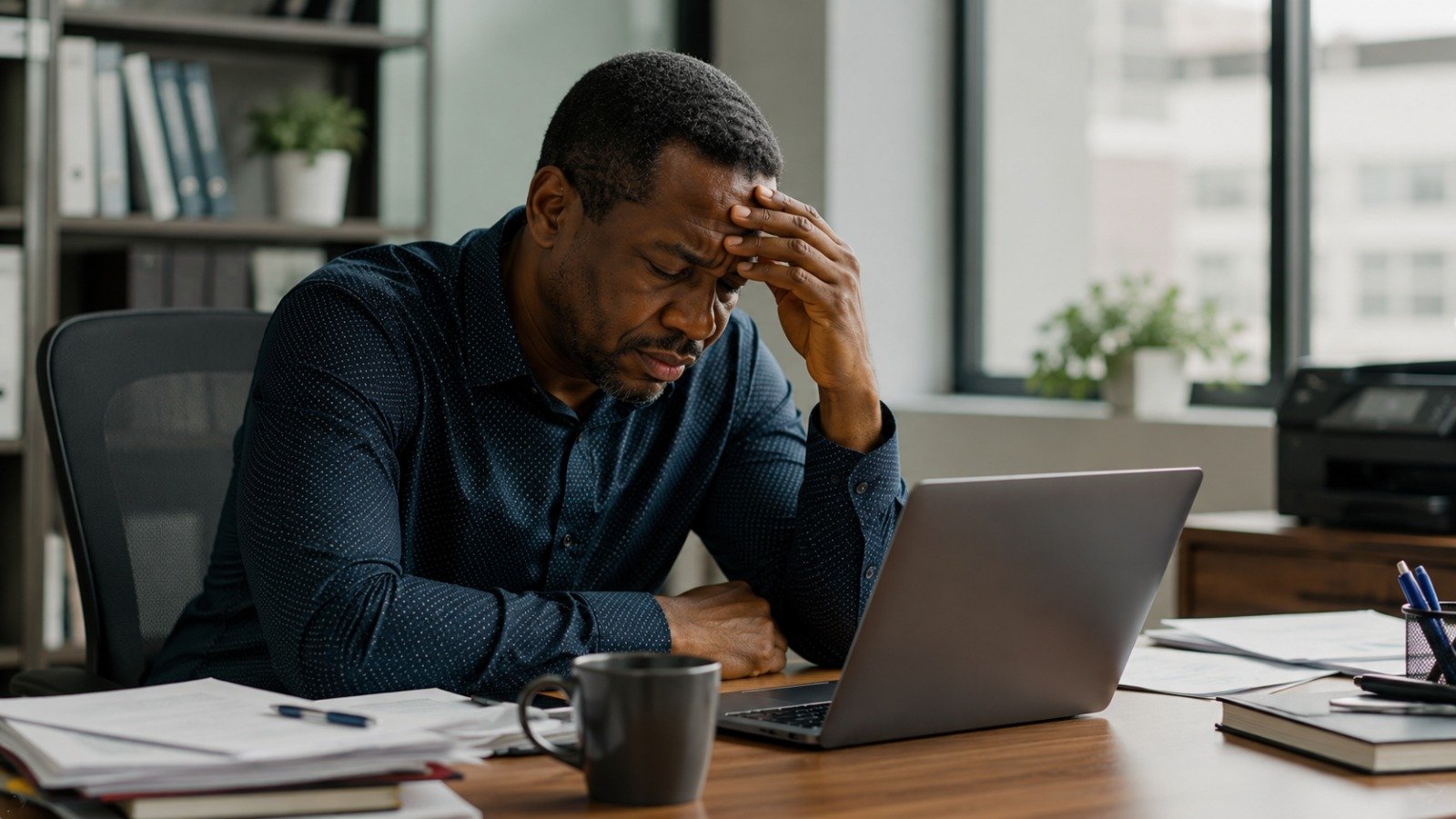 A person sitting for long hours at a desk
