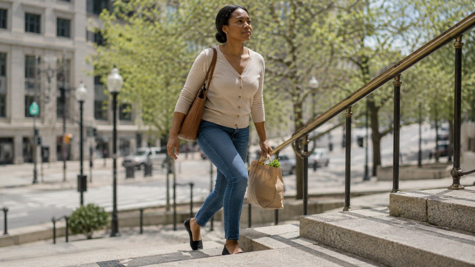 A person doing ordinary daily movement such as walking or climbing stairs