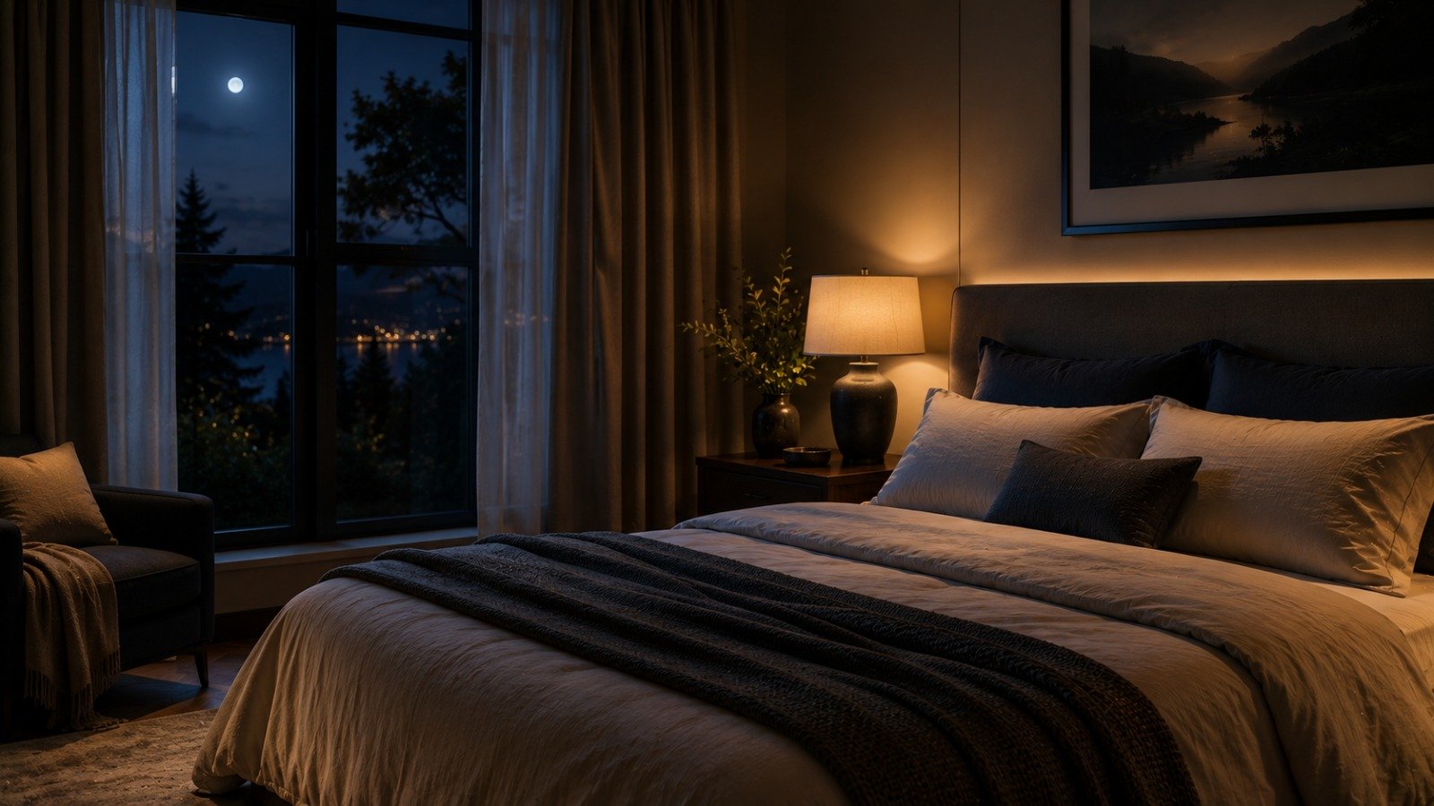 A calm, dark bedroom at night, a peaceful place built for deep sleep