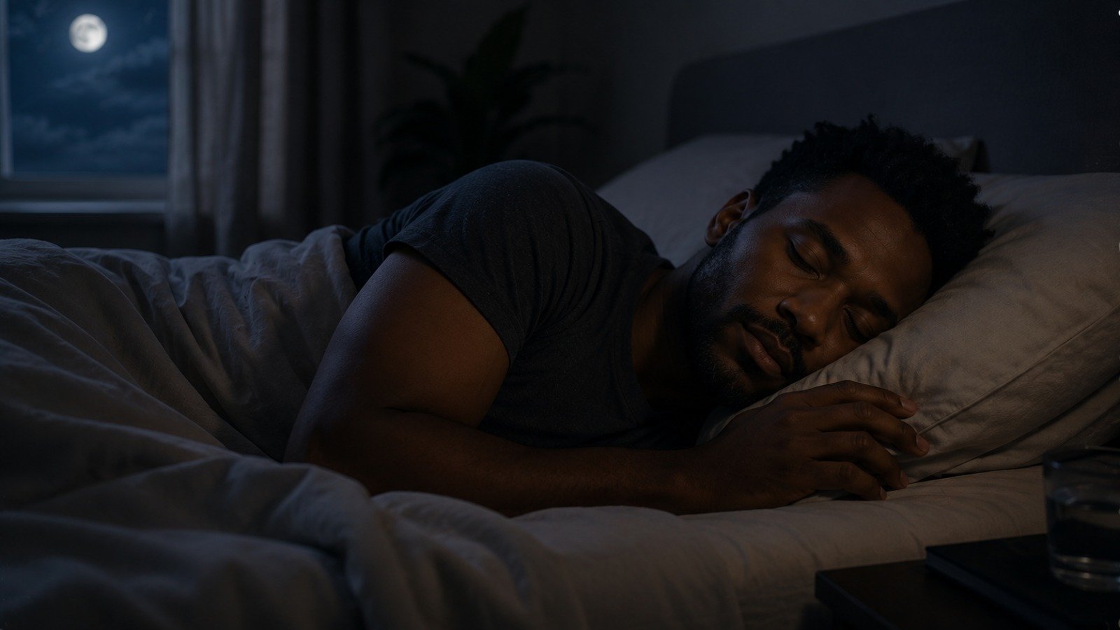 A person sleeping peacefully in a calm, dark bedroom