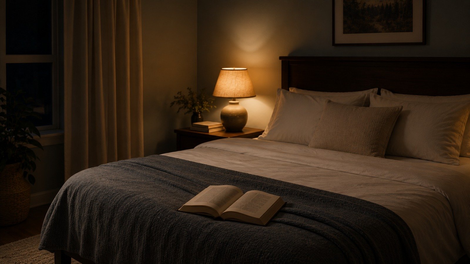 A calm, screen-free bedtime routine with a dim lamp and a book