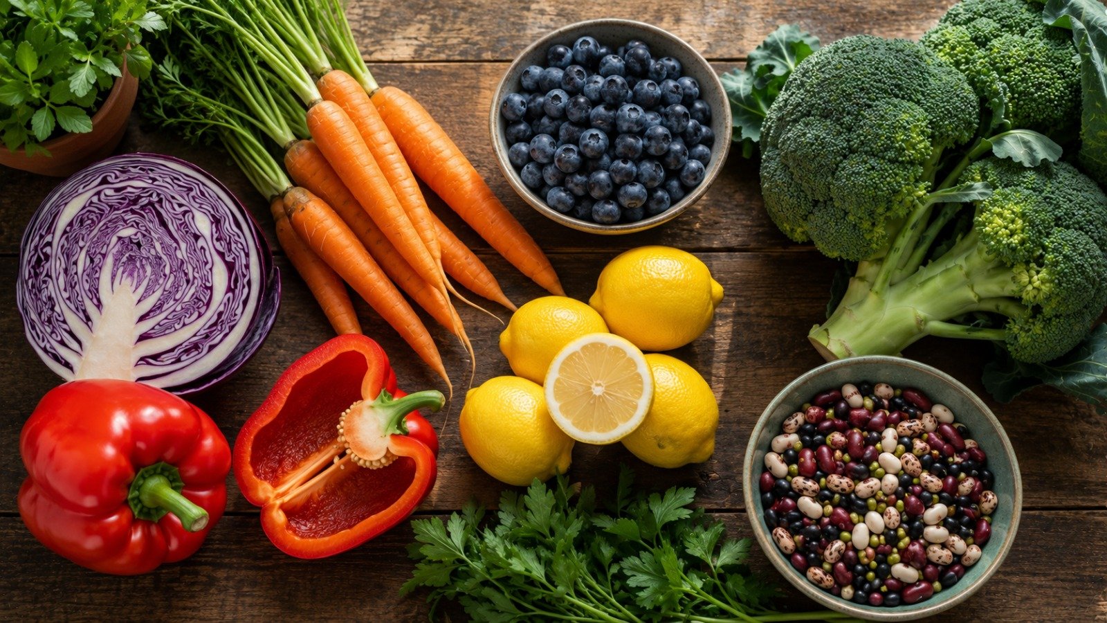 A colorful spread of many different vegetables, fruits, beans, and whole grains
