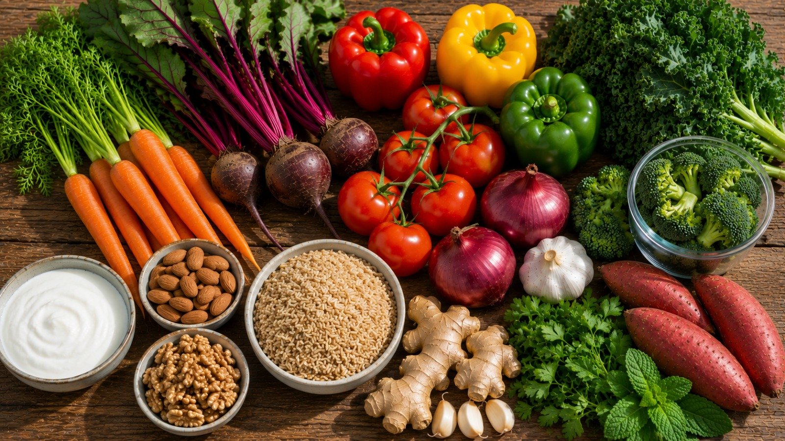 A colorful spread of vegetables, fruits, and fermented foods that feed a healthy gut