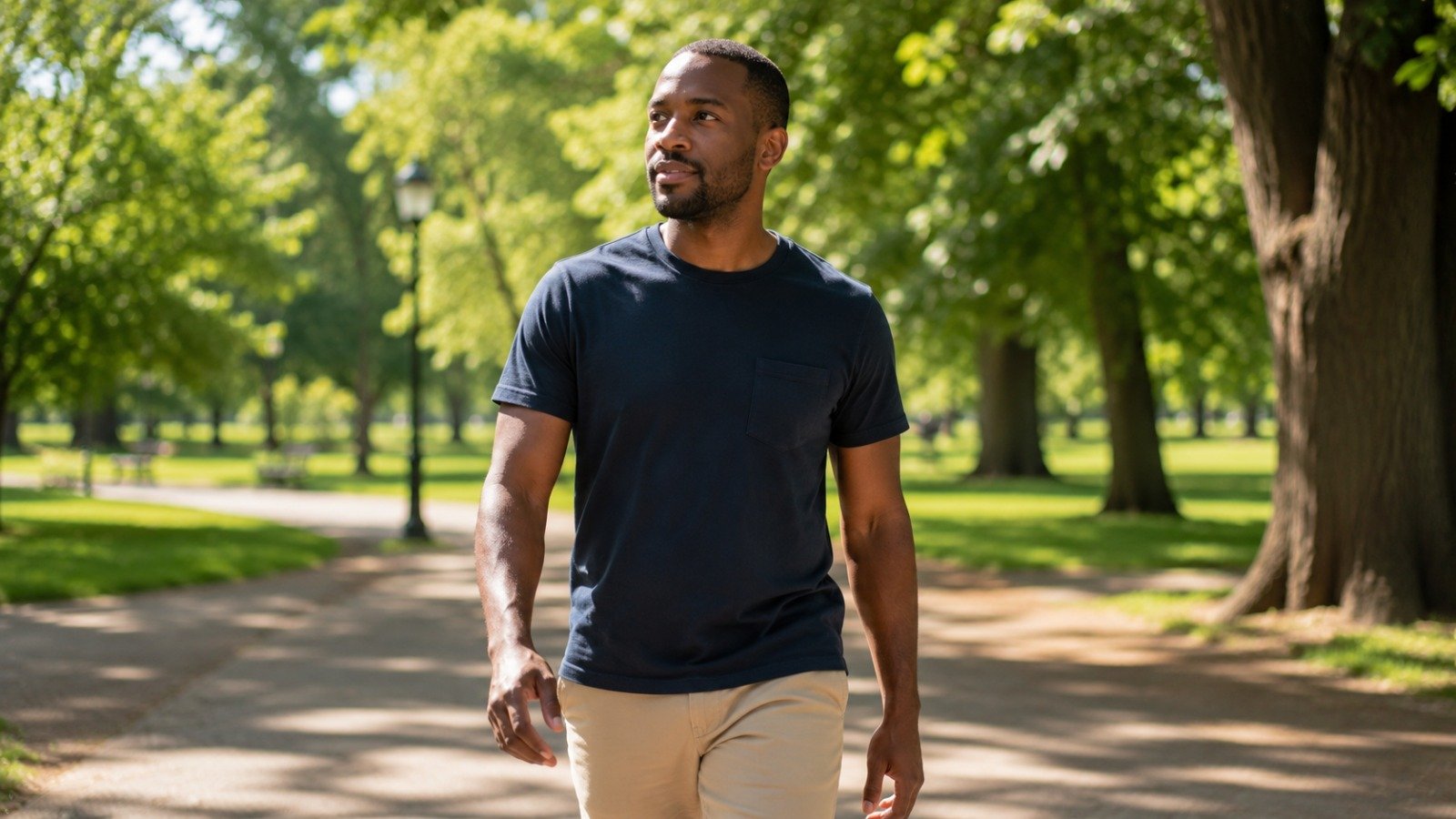 A healthy person going about daily life looking well