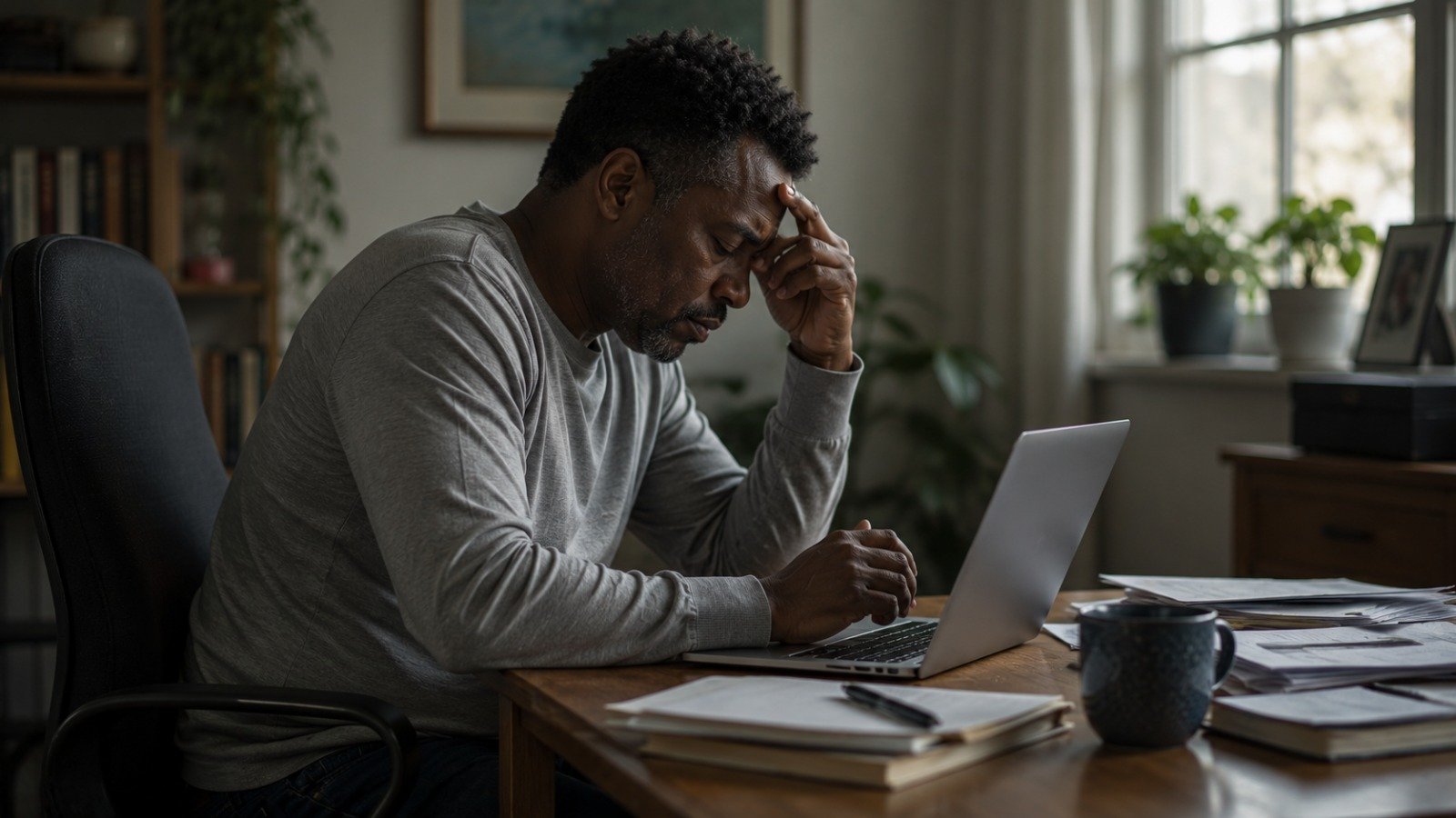 A man sitting at a desk after many hours of work