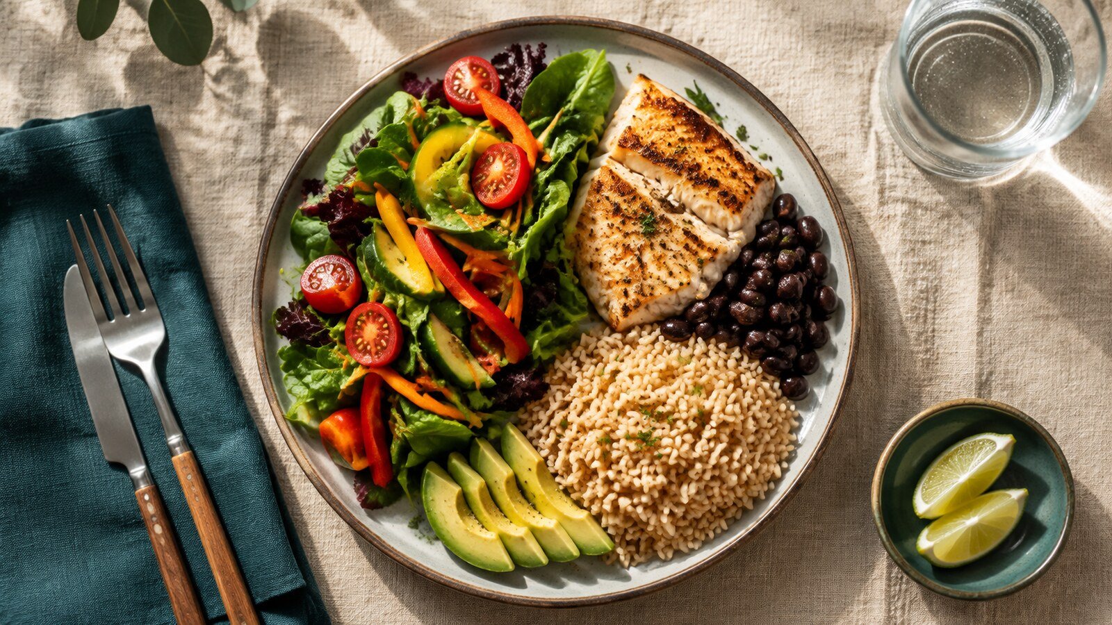 Balanced plate with vegetables, protein, and whole grains
