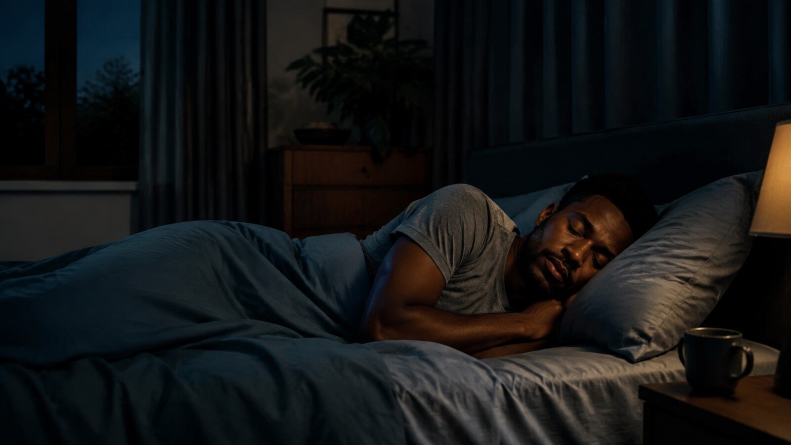 Person sleeping deeply in a calm dark bedroom