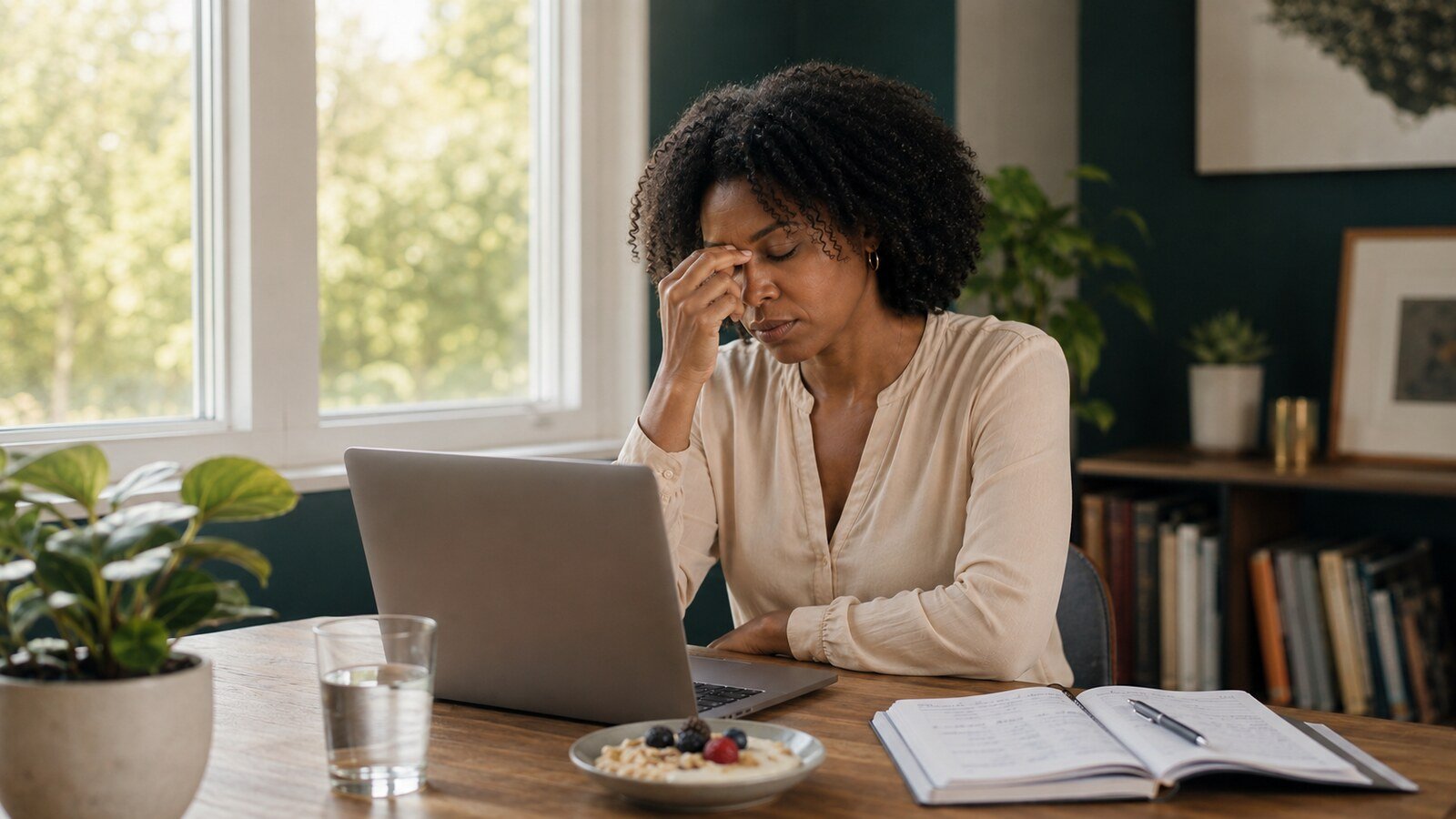 Tired woman pausing work and rubbing the bridge of her nose
