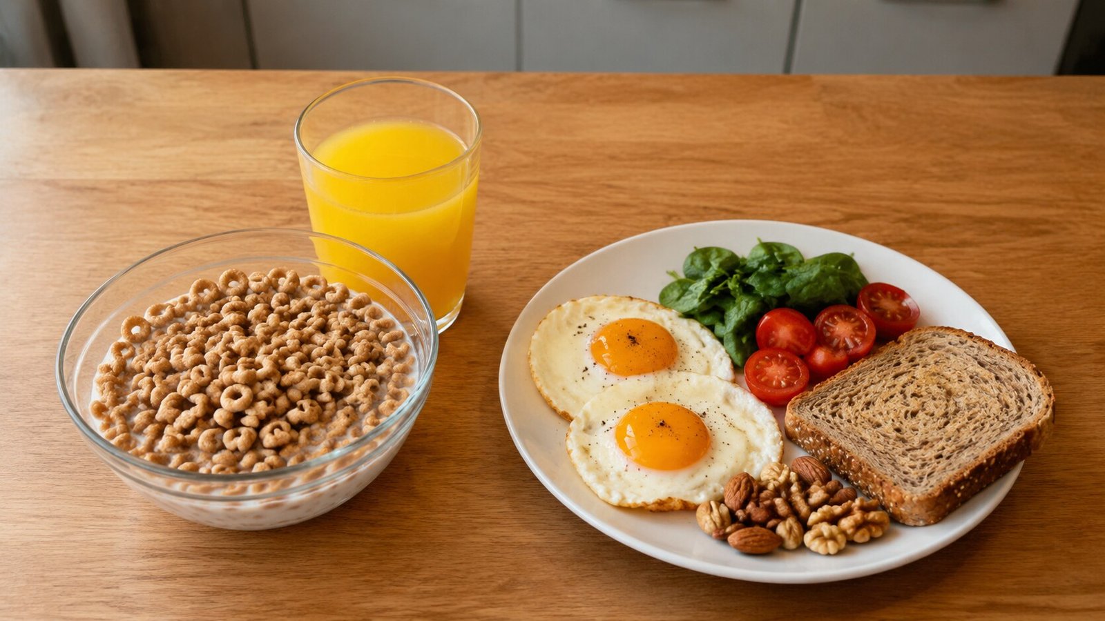 Two breakfasts side by side: sweet cereal and juice beside eggs, vegetables, whole-grain bread, and nuts