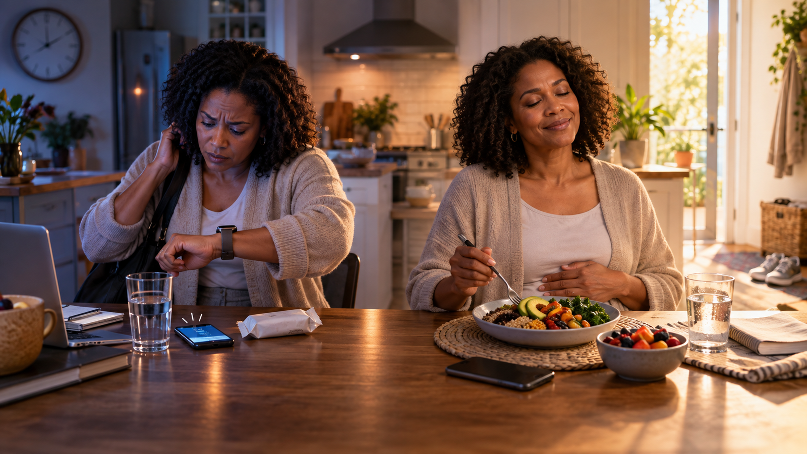 The same woman contrasting a rushed routine with calm habits that support gut health.