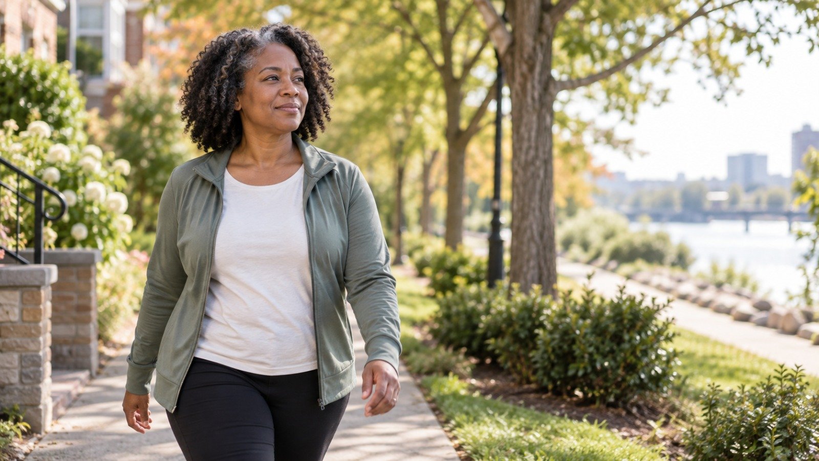 A woman taking a gentle daylight walk during a break