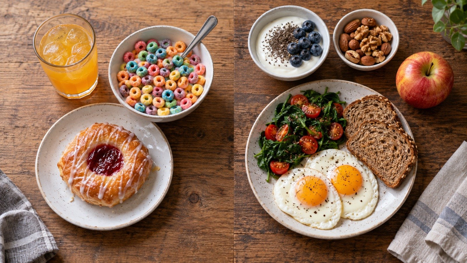 Two breakfasts side by side: sweet cereal and juice beside eggs, vegetables, whole-grain bread, and nuts