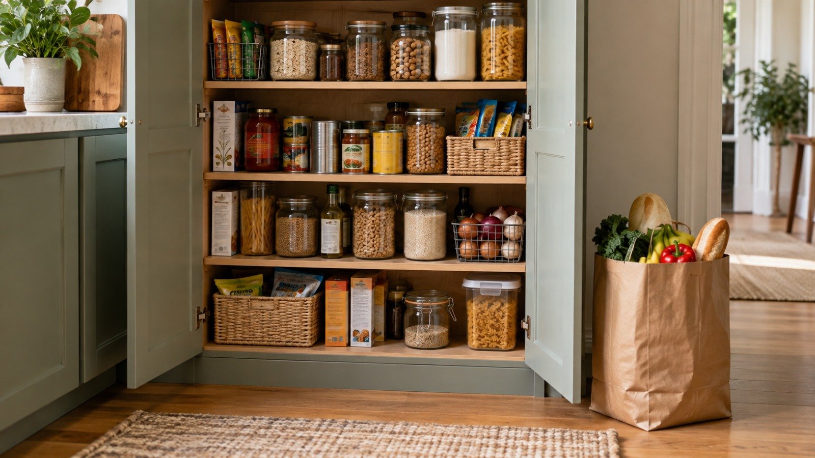 A full food cupboard with an additional grocery bag waiting for storage space