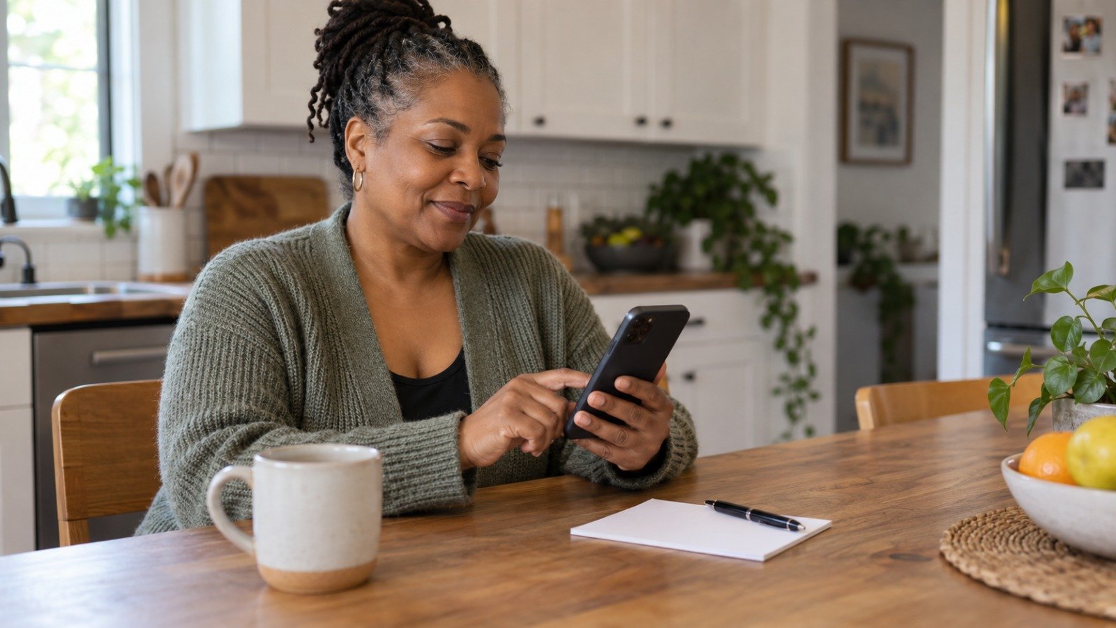 A woman calmly booking a routine health appointment on her phone