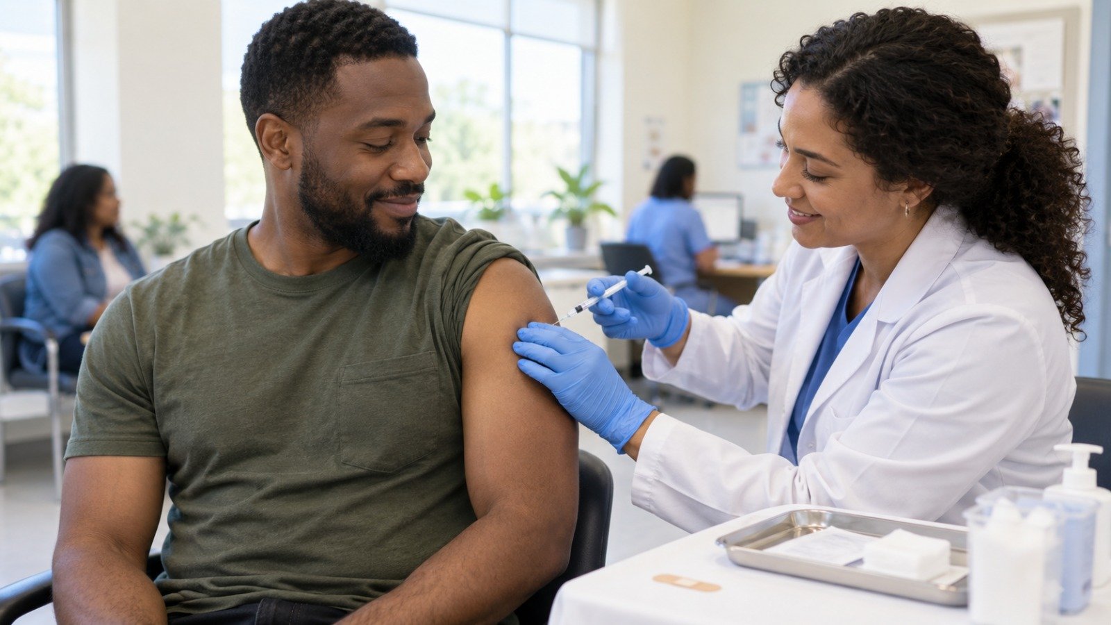 A man calmly receiving a routine vaccination from a clinician