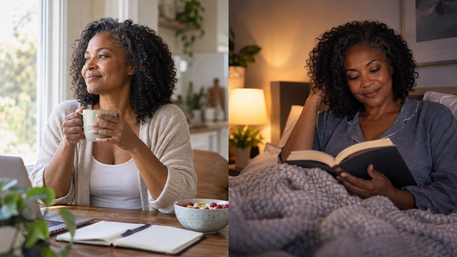 The same woman following a calm morning and evening routine