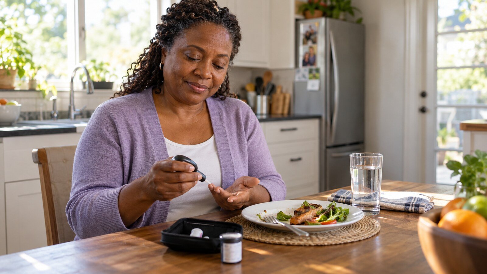 A woman calmly checking her blood sugar at home after a meal